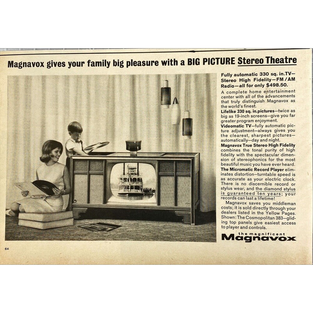 Magnavox "gives your family big pleasure with BIG PICTURE" Vtg Print Ad 1963